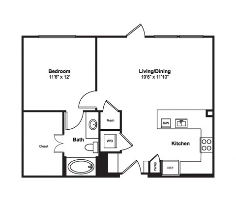 Floor plan for 1 bed, 1 bath, 777 sqft